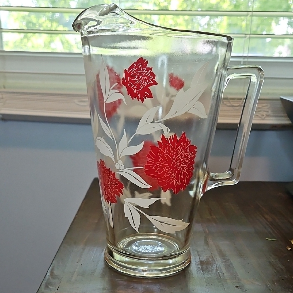 Vintage Floral Glass Pitcher with Red and White Design